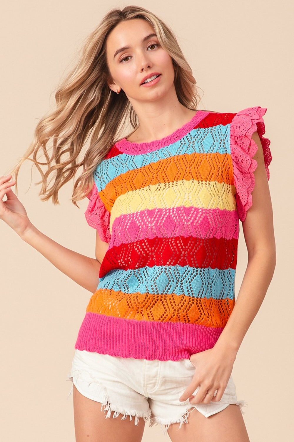 BiBi Pointelle Striped Ruffled Knit Top BiBi Pointelle Striped Ruffled Knit Top